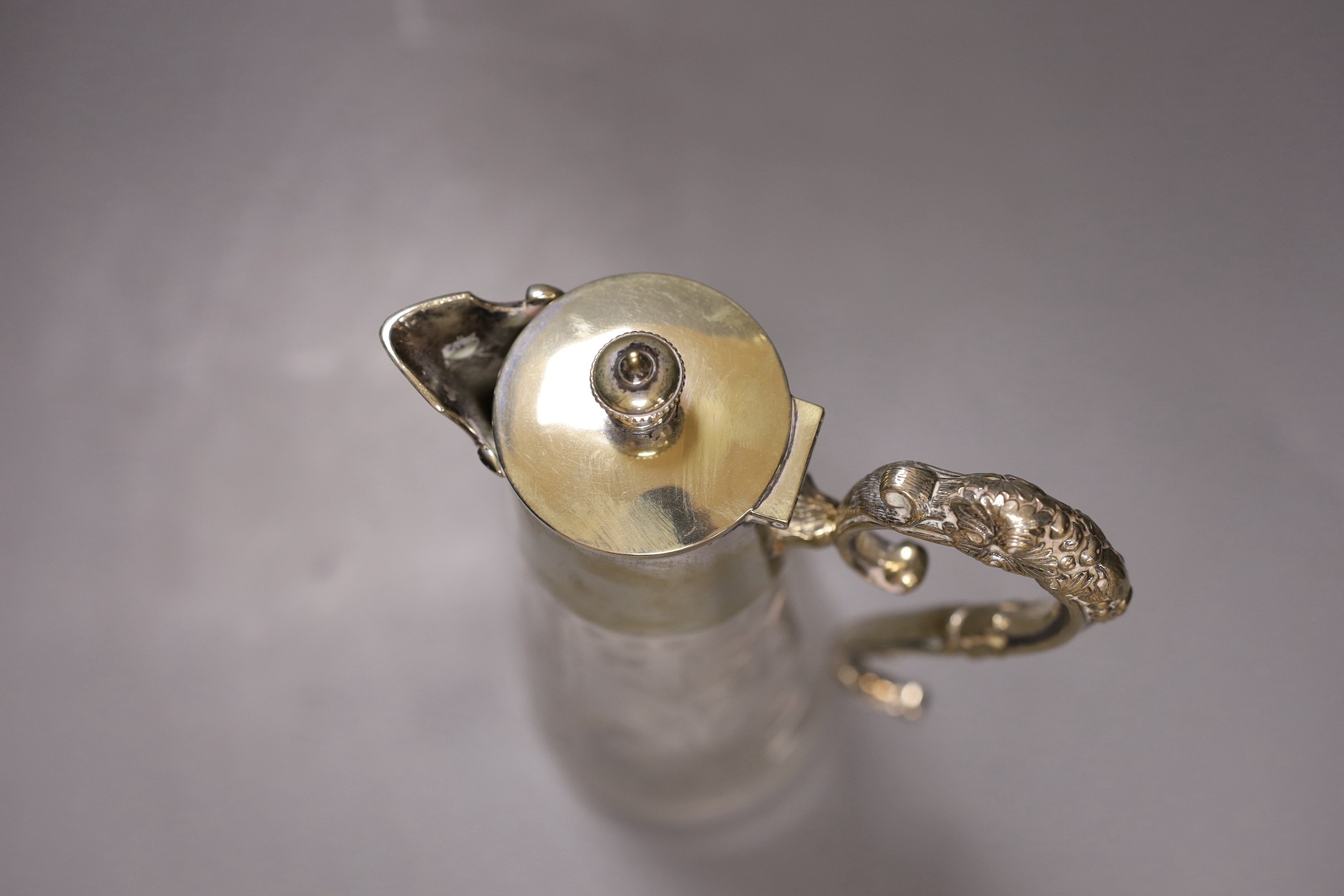 An electroplate mounted cut glass claret jug, 30cm